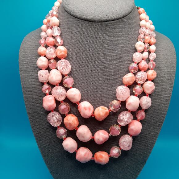 Vintage Western Germany Pink Bead Necklace, Red Seed Beads, Lucite Beads - Picture 2 of 10